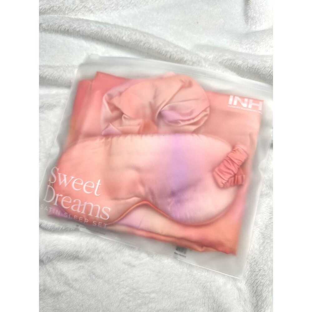 NEW INH Sweet Dreams Pillowcase Eye Mask Scrunchie Pink Orange Satin Sleep Set